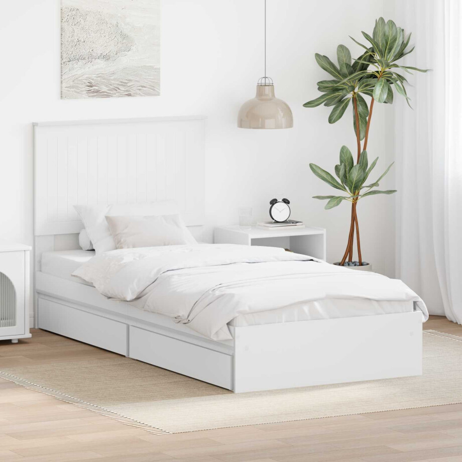 vidaXL Opslag bed met hoofdeinde met lade Wit 90 x 200 cm Bewerkt hout afbeelding 1
