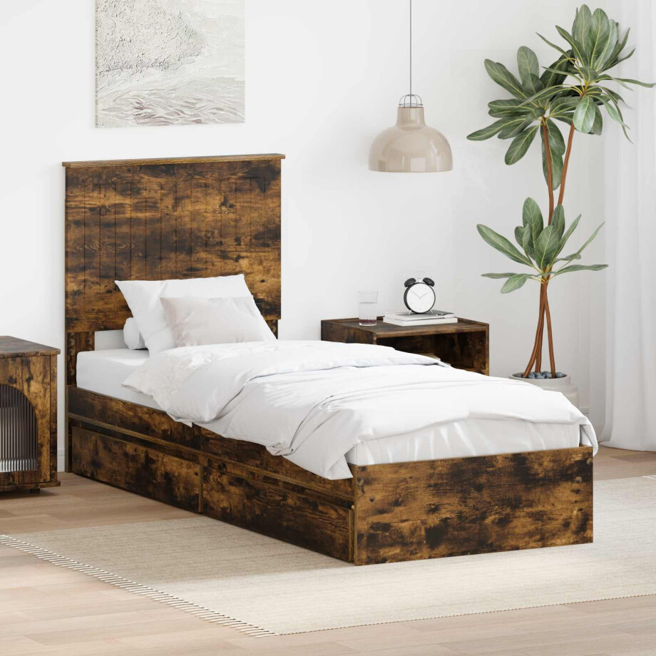 vidaXL Opslag bed met lade Gerookt eiken 75 x 190 cm Bewerkt hout vidaXL Opslag bed met lade Gerookt eiken 75 x 190 cm Bewerkt hout afbeelding 1