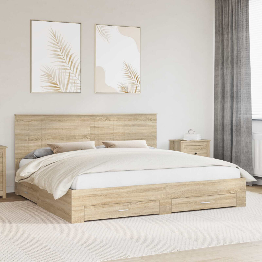 vidaXL Bedframe met hoofdeinde Sonoma Eiken 200 x 200 cm Bewerkt hout afbeelding 1