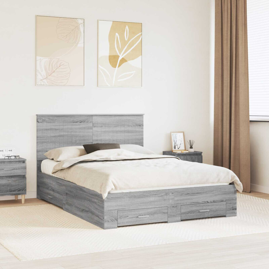 vidaXL Bedframe met hoofdeinde Grijs Sonoma 135 x 190 cm Bewerkt hout afbeelding 1