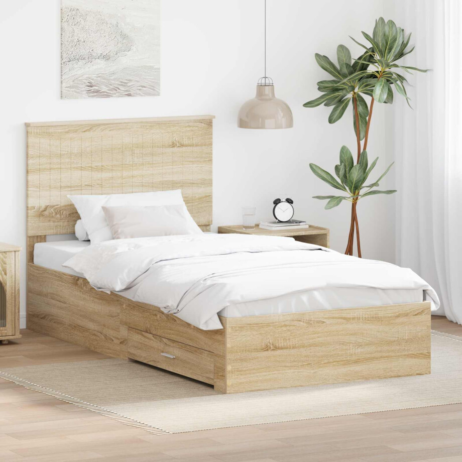 vidaXL Bedframe met hoofdeinde Sonoma Eiken 100 x 200 cm Bewerkt hout afbeelding 1