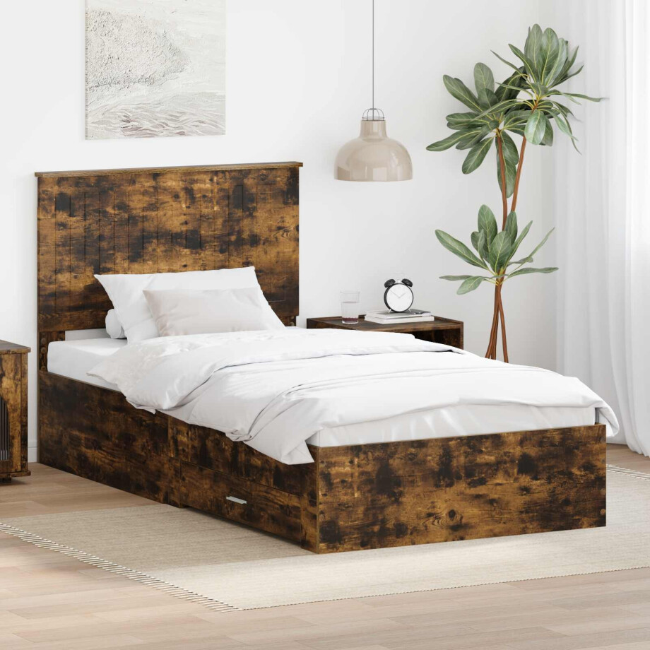 vidaXL Bedframe met hoofdeinde Gerookt eiken 100 x 200 cm Bewerkt hout afbeelding 1
