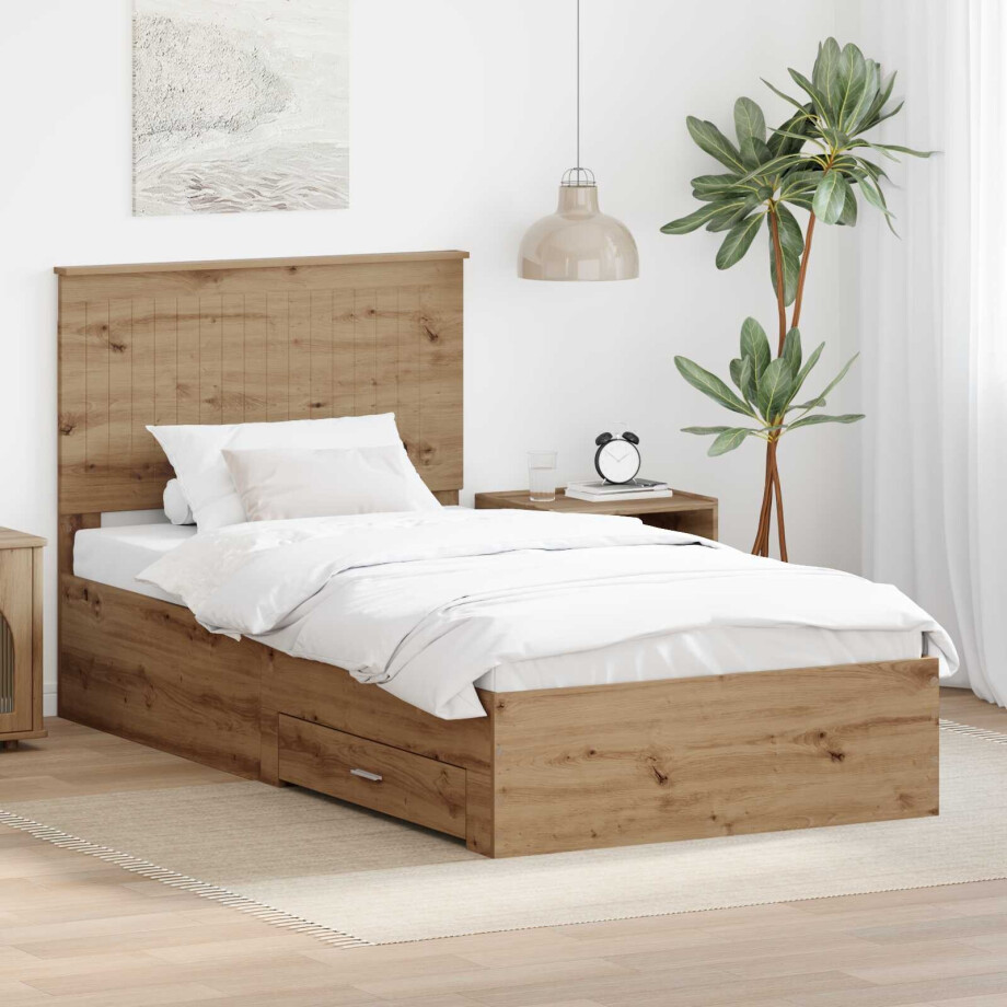 vidaXL Bedframe met hoofdeinde Artisan Eiken 100 x 200 cm Bewerkt hout afbeelding 1