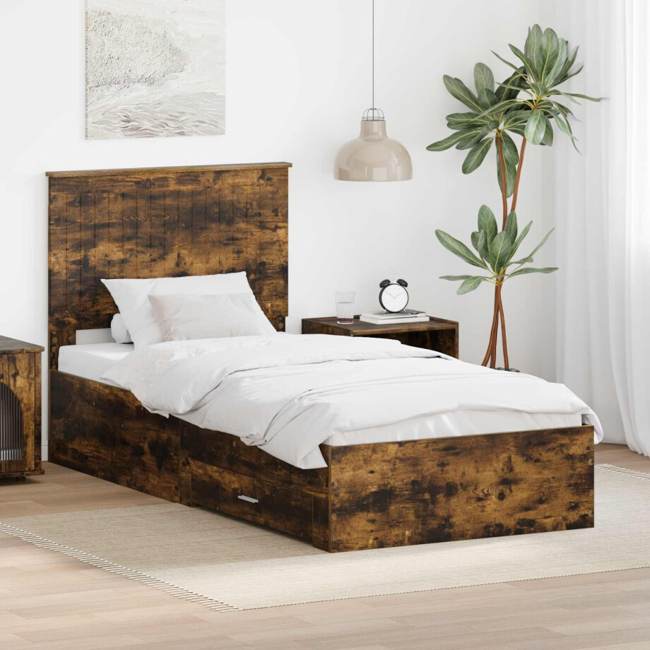 vidaXL Bedframe met hoofdeinde Gerookt eiken 90 x 200 cm Bewerkt hout afbeelding 1