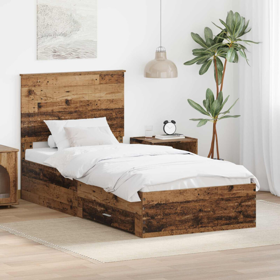 vidaXL Bedframe met hoofdeinde Oudhout 90 x 200 cm Bewerkt hout afbeelding 1