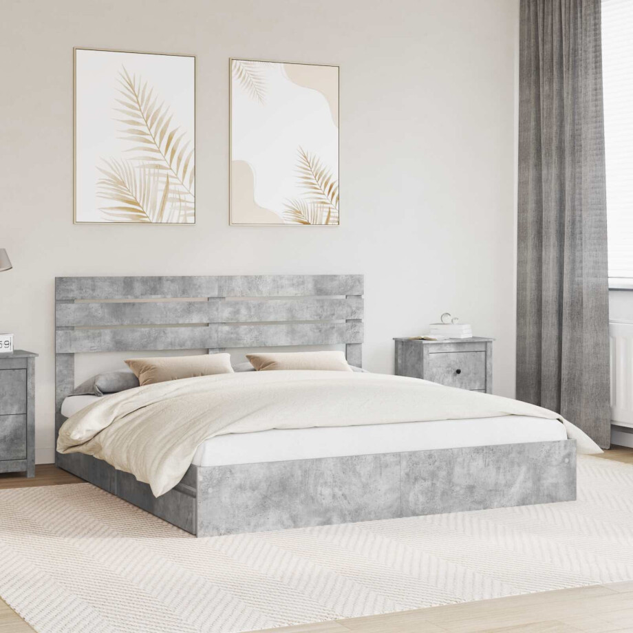 vidaXL Opslag bed met hoofdeinde Beton Grijs 180 x 200 cm Bewerkt hout afbeelding 1