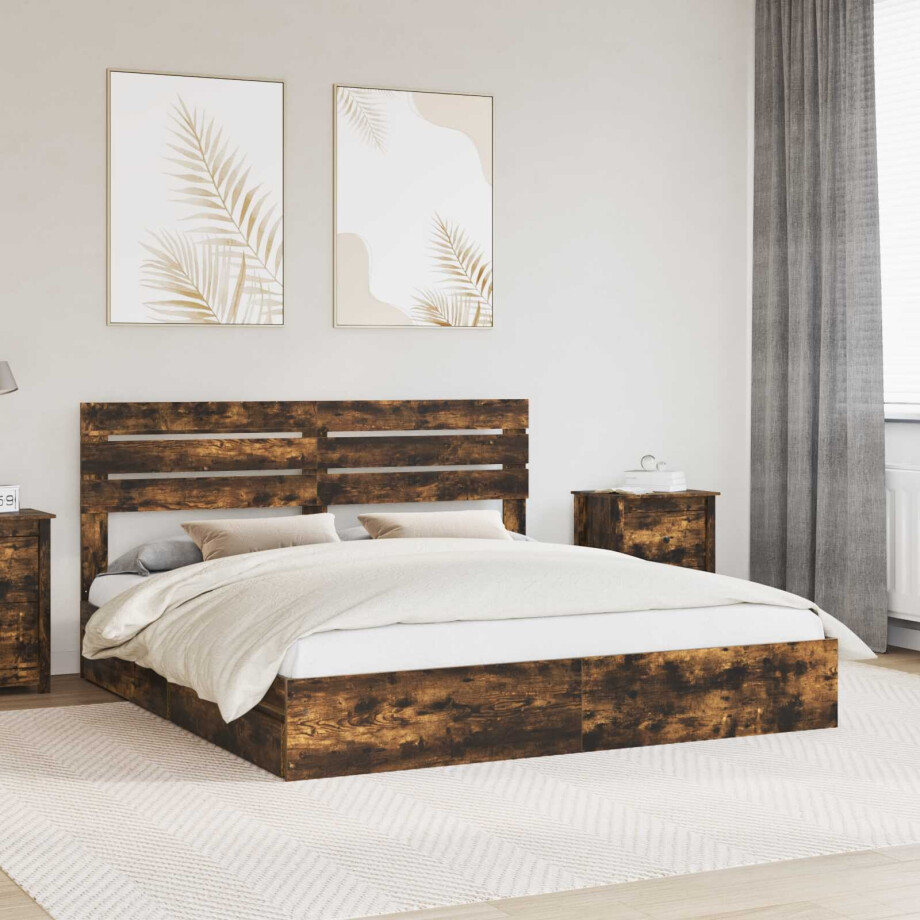vidaXL Opslag bed met lade Gerookt eiken 180 x 200 cm Bewerkt hout afbeelding 1