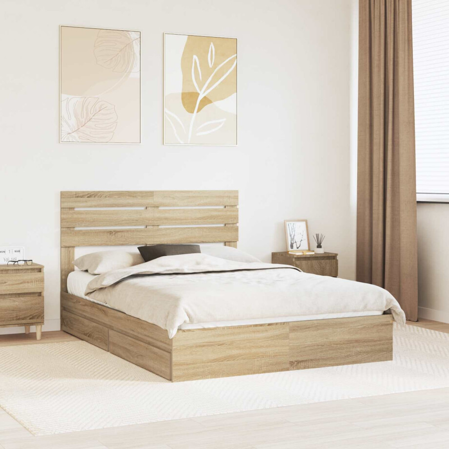 vidaXL Opslag bed met lade Sonoma Eiken 160 x 200 cm Bewerkt hout afbeelding 1