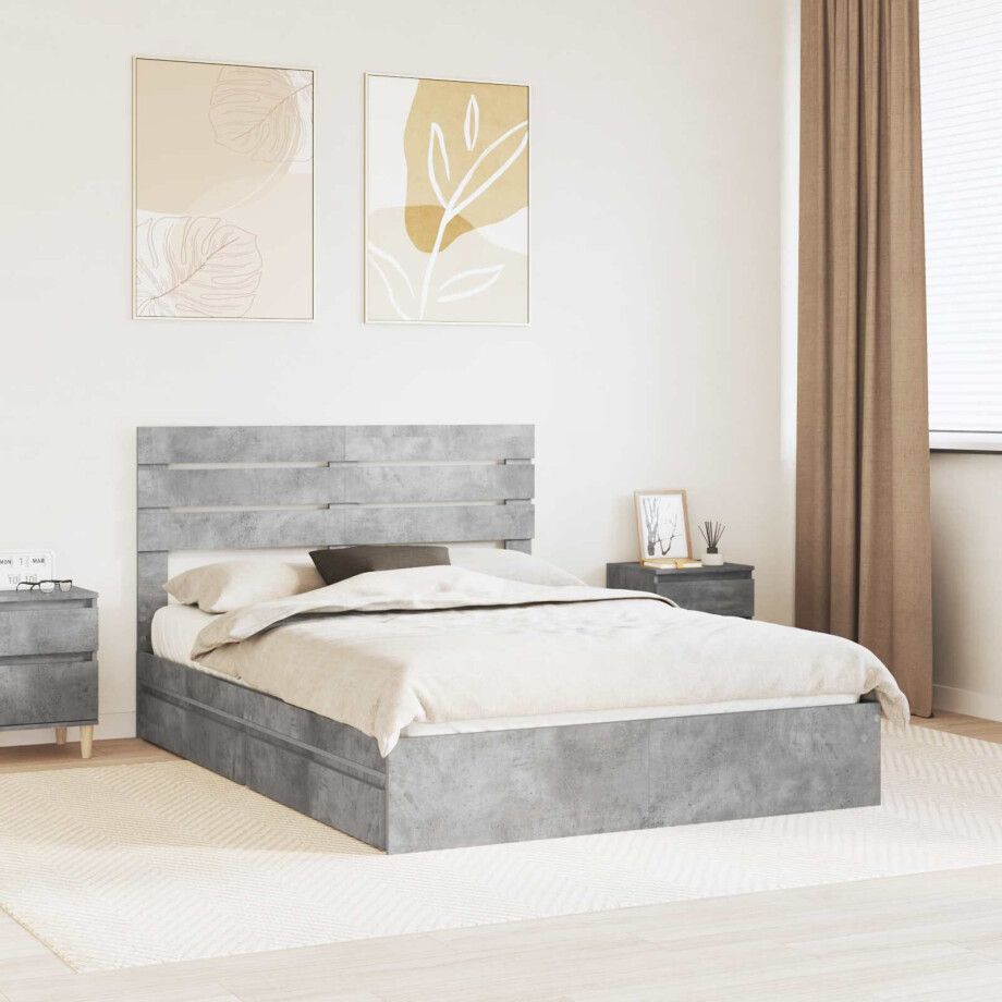 vidaXL Opslag bed met hoofdeinde Beton Grijs 150 x 200 cm Bewerkt hout afbeelding 1