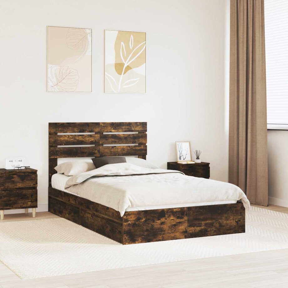 vidaXL Opslag bed met lade Gerookt eiken 135 x 190 cm Bewerkt hout afbeelding 1