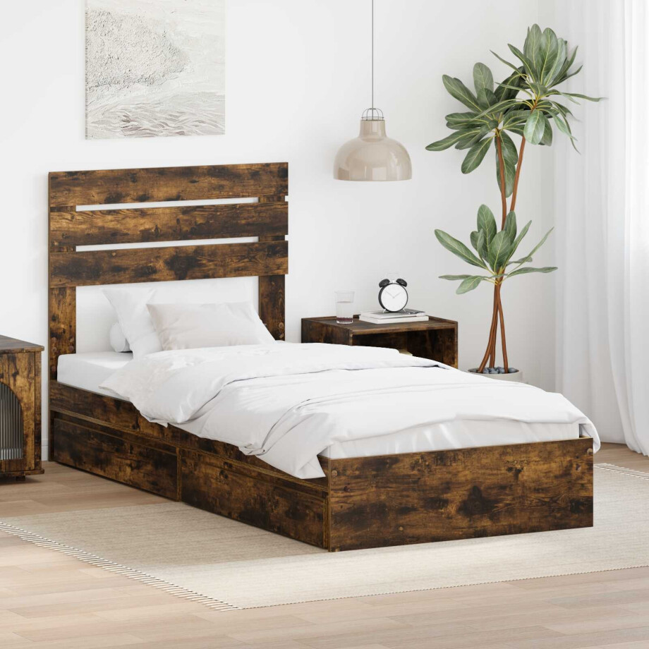 vidaXL Opslag bed met lade Gerookt eiken 100 x 200 cm Bewerkt hout vidaXL Opslag bed met lade Gerookt eiken 100 x 200 cm Bewerkt hout afbeelding 1