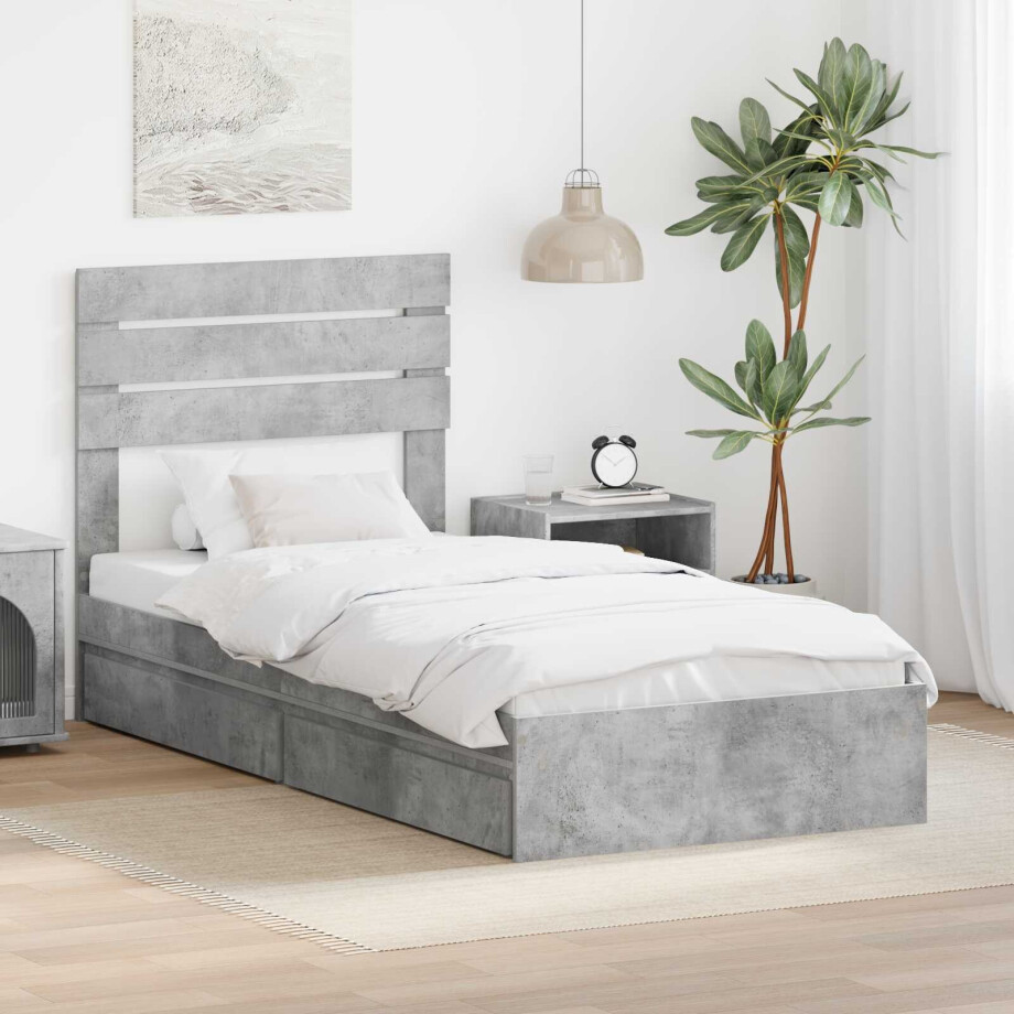 vidaXL Opslag bed met hoofdeinde Beton Grijs 90 x 200 cm Bewerkt hout afbeelding 1