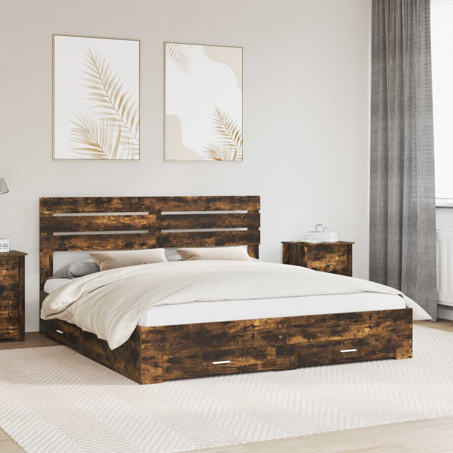 vidaXL Bedframe met hoofdeinde Gerookt eiken 200 x 200 cm Bewerkt hout afbeelding 1