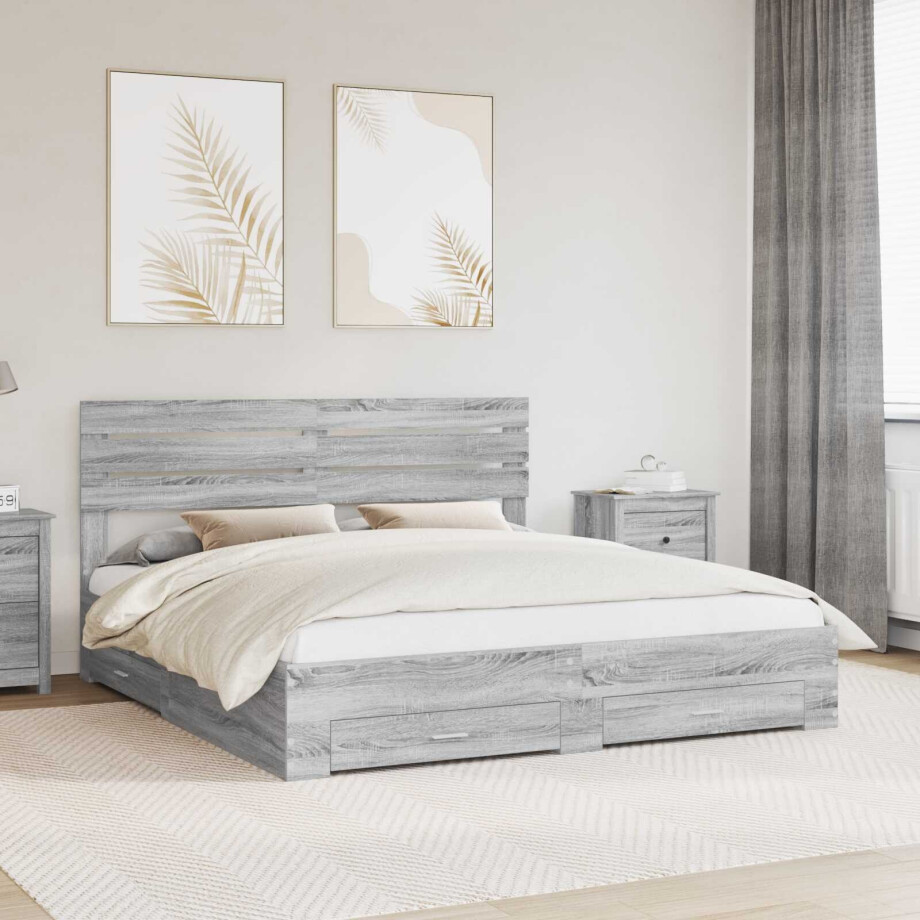 vidaXL Bedframe met hoofdeinde Grijs Sonoma 200 x 200 cm Bewerkt hout afbeelding 1