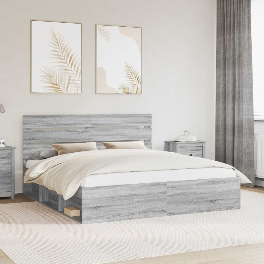 vidaXL Bedframe Grijs Sonoma 200 x 200 cm Massief grenenhout afbeelding 1