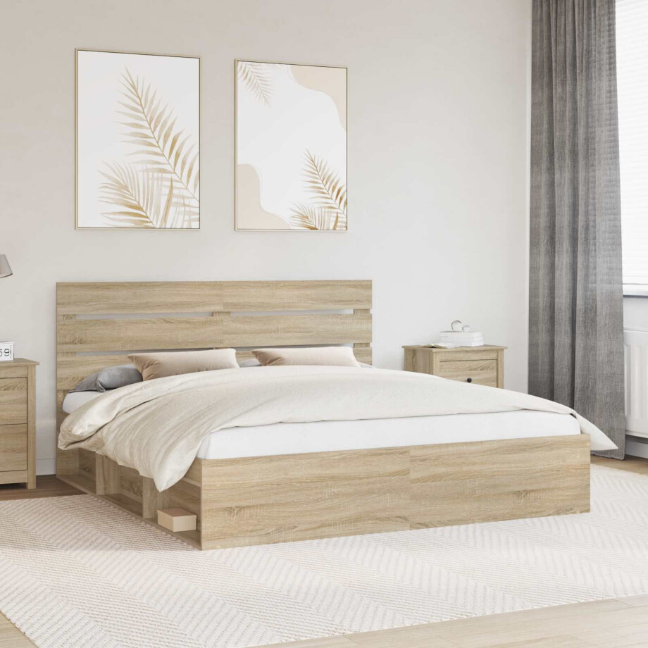 vidaXL Bedframe met hoofdeinde Sonoma 180 x 200 cm Massief grenenhout afbeelding 1
