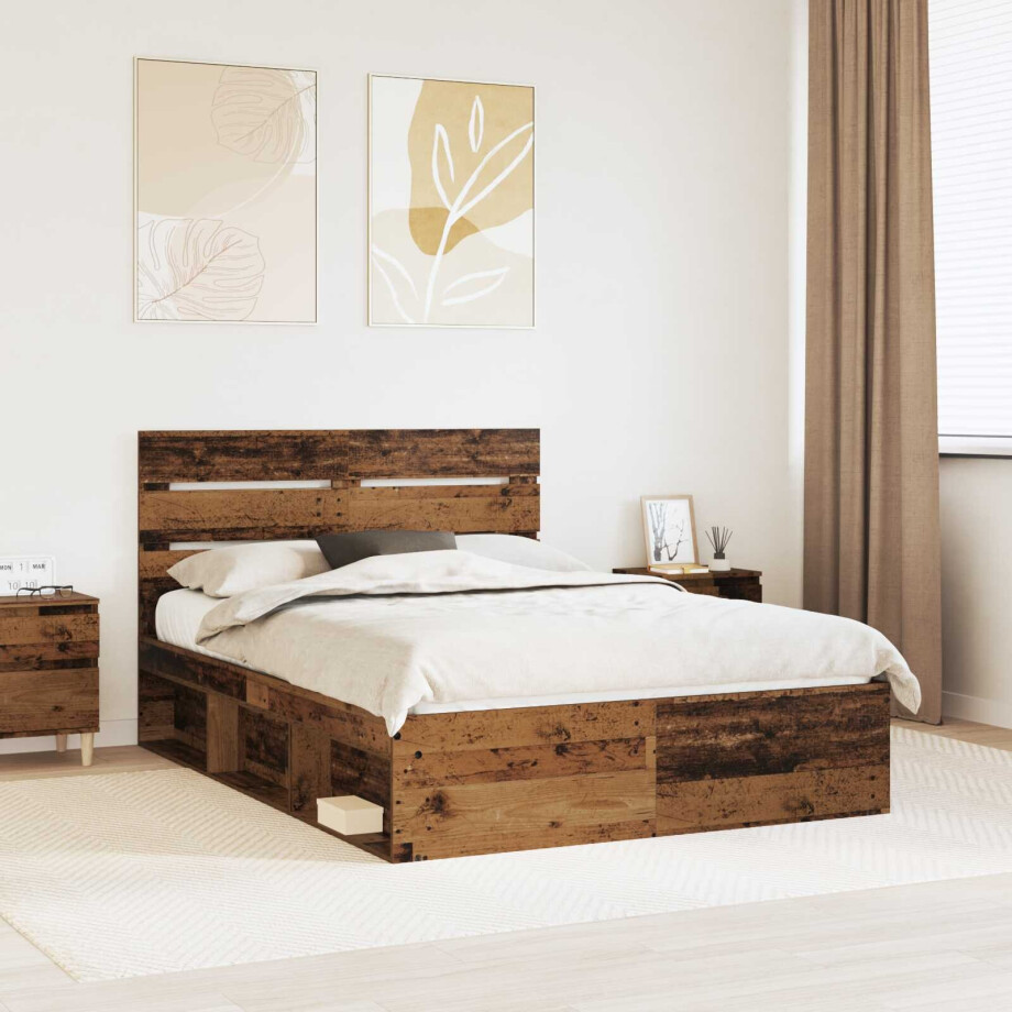 vidaXL Bedframe met hoofdeinde Oudhout 150 x 200 cm Massief grenenhout afbeelding 1