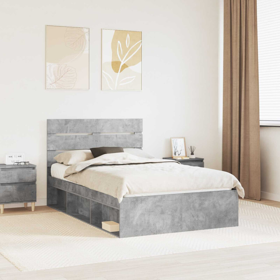 vidaXL Bedframe met hoofdeinde Beton 120 x 200 cm Massief grenenhout afbeelding 1