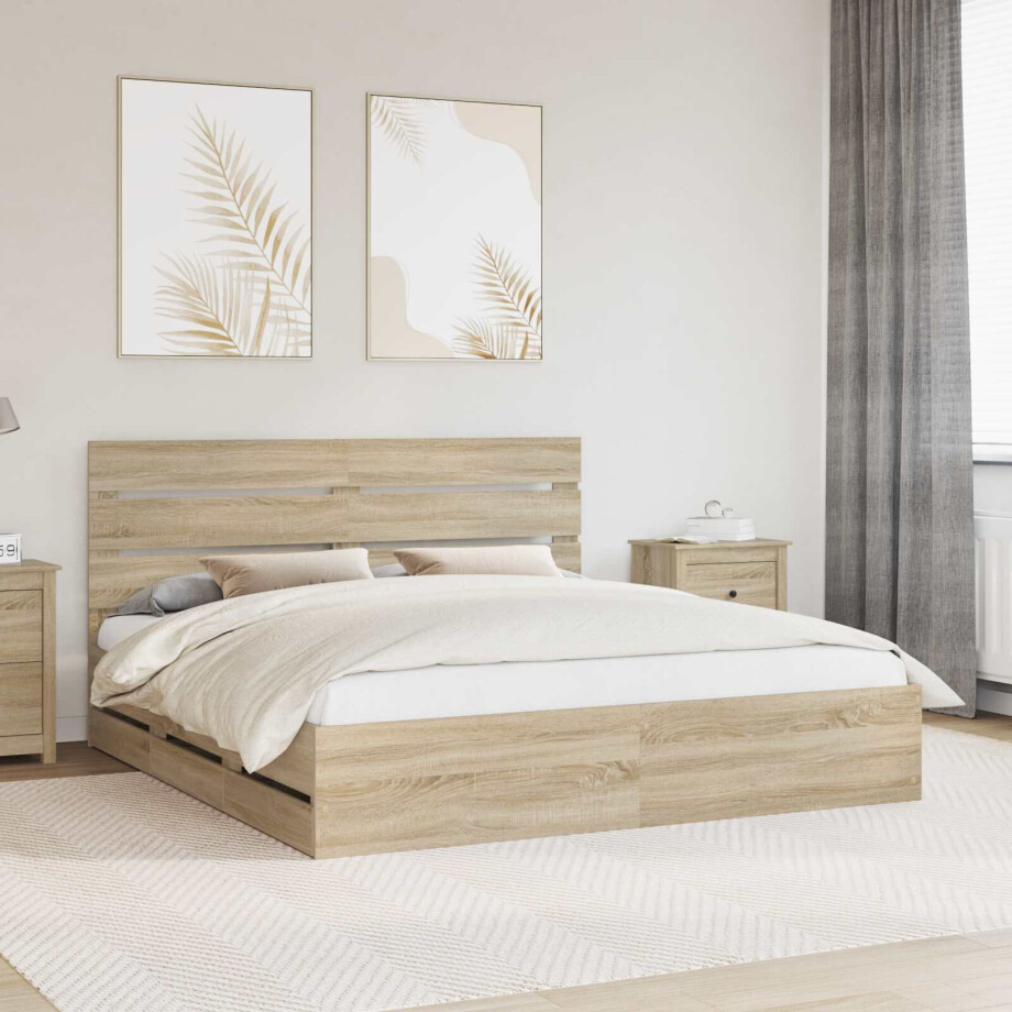 vidaXL Bedframe met lade Sonoma Eiken 200 x 200 cm Ingenieurshout afbeelding 1