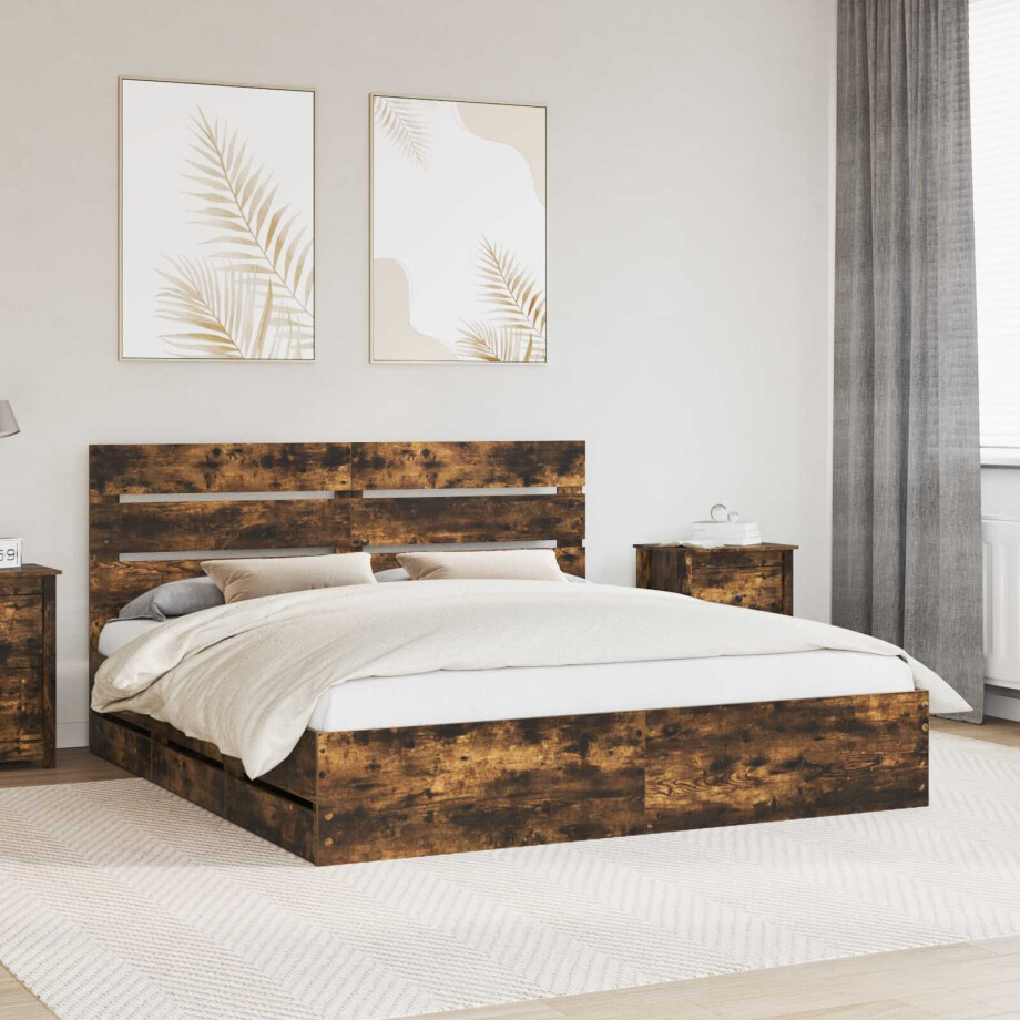 vidaXL Bedframe met lade Gerookt eiken 200 x 200 cm Ingenieurshout afbeelding 1
