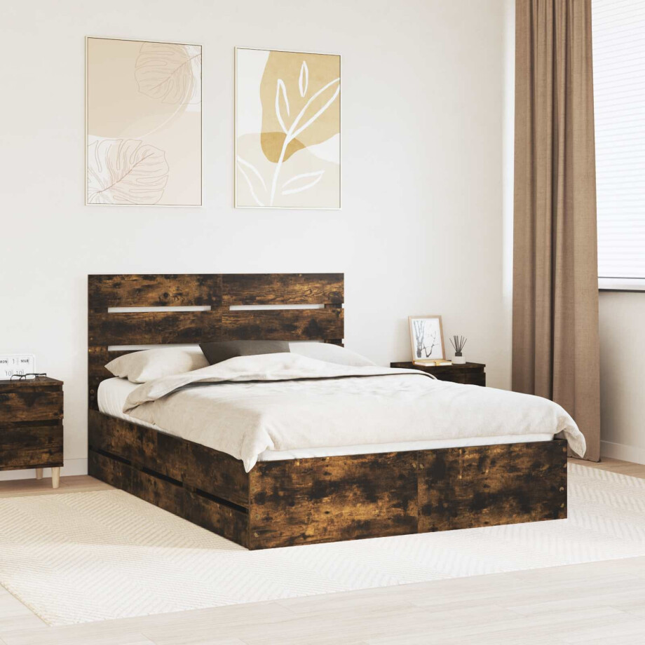 vidaXL Bedframe met lade Gerookt eiken 140 x 190 cm Ingenieurshout vidaXL Bedframe met lade Gerookt eiken 140 x 190 cm Ingenieurshout afbeelding 1