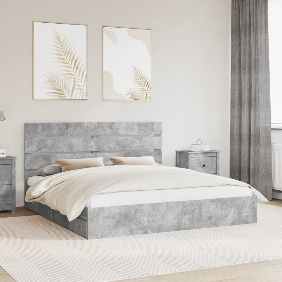 vidaXL Opslag bed met hoofdeinde Beton Grijs 200 x 200 cm Bewerkt hout afbeelding 1