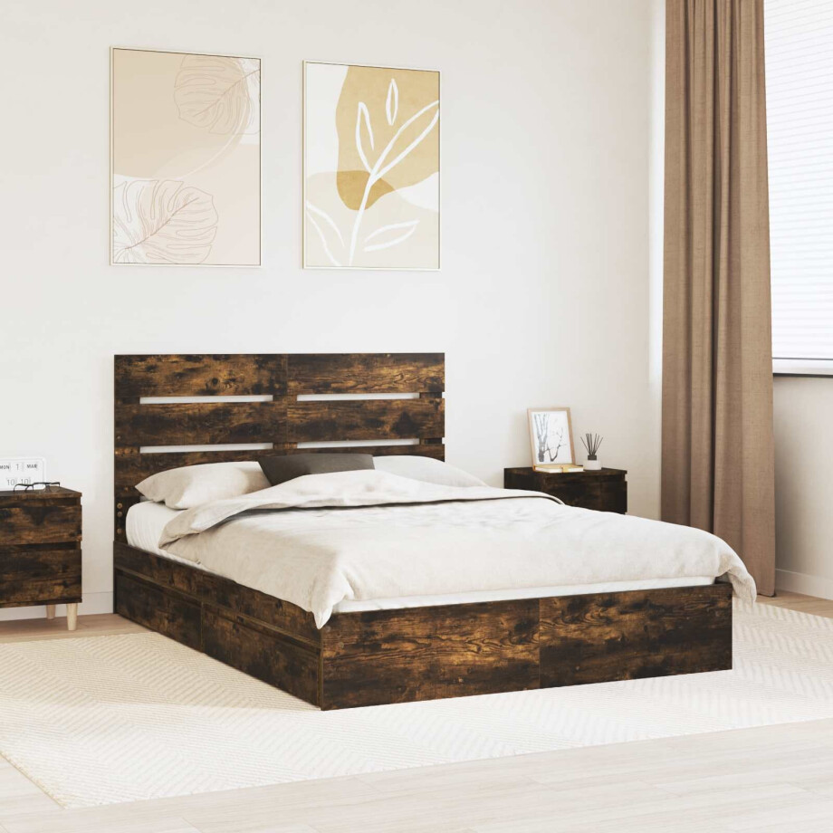 vidaXL Opslag bed met lade Gerookt eiken 160 x 200 cm Bewerkt hout afbeelding 1