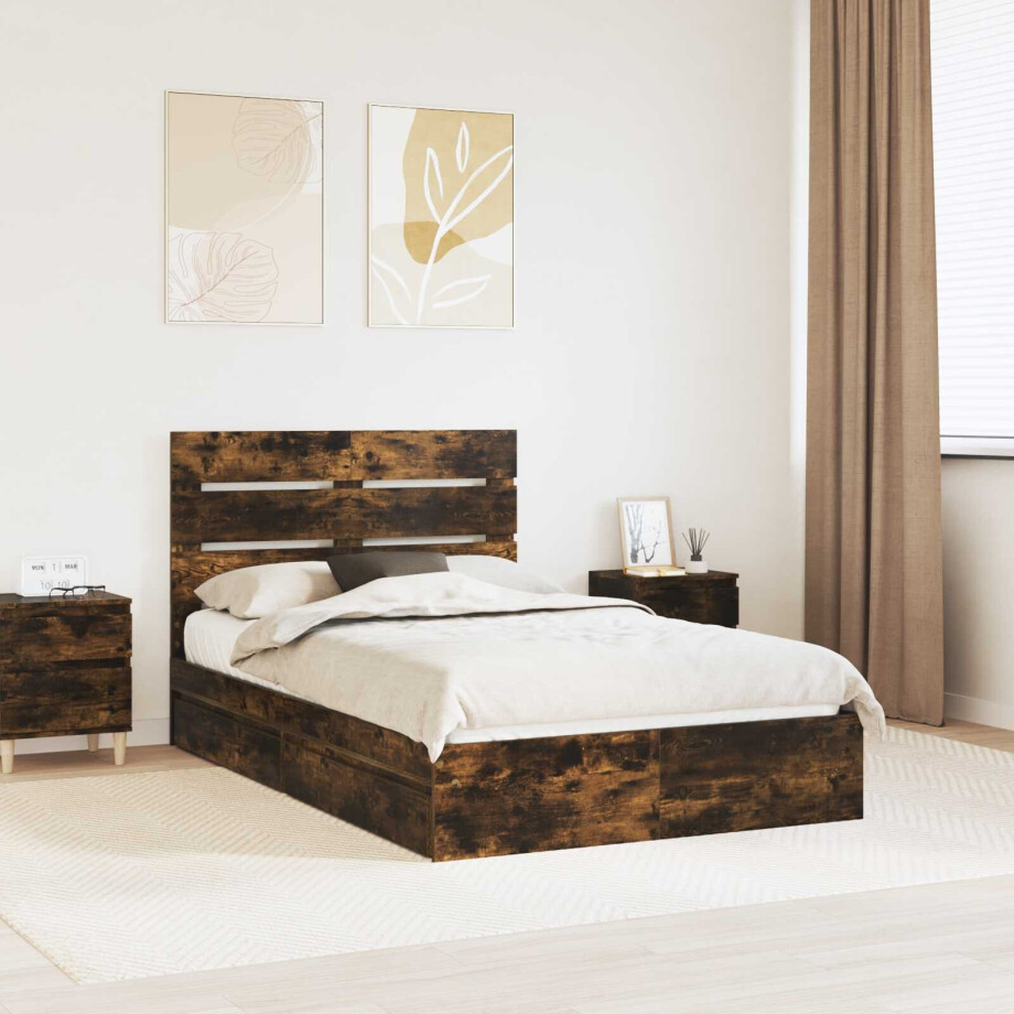 vidaXL Opslag bed met lade Gerookt eiken 135 x 190 cm Bewerkt hout vidaXL Opslag bed met lade Gerookt eiken 135 x 190 cm Bewerkt hout afbeelding 1