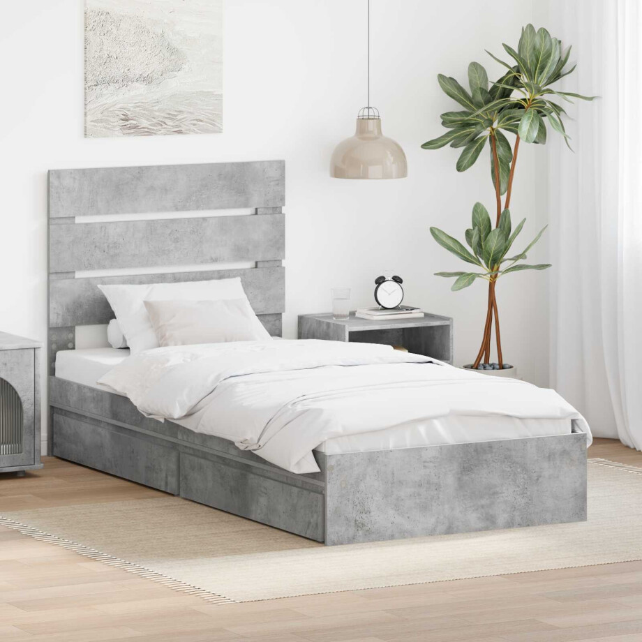 vidaXL Opslag bed met hoofdeinde Beton Grijs 90 x 200 cm Bewerkt hout afbeelding 1