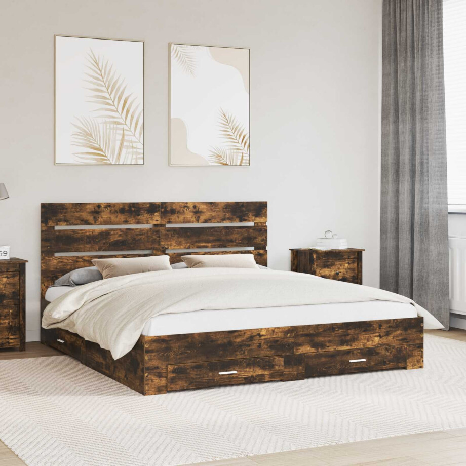vidaXL Bedframe met lade Gerookt eiken 200 x 200 cm Bewerkt hout afbeelding 1