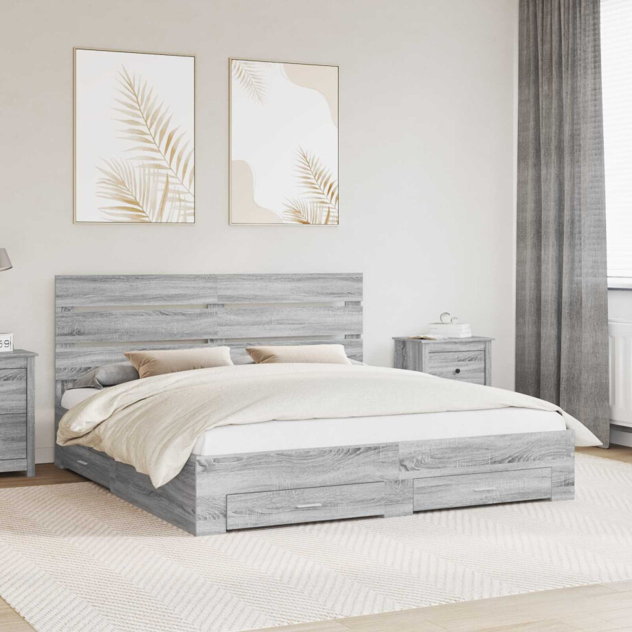 vidaXL Bedframe met lade Grijs Sonoma 200 x 200 cm Bewerkt hout afbeelding 1