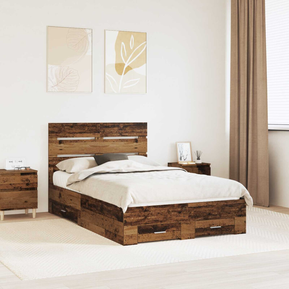 vidaXL Bedframe met lade met opslag Oudhout 120 x 190 cm Bewerkt hout afbeelding 1