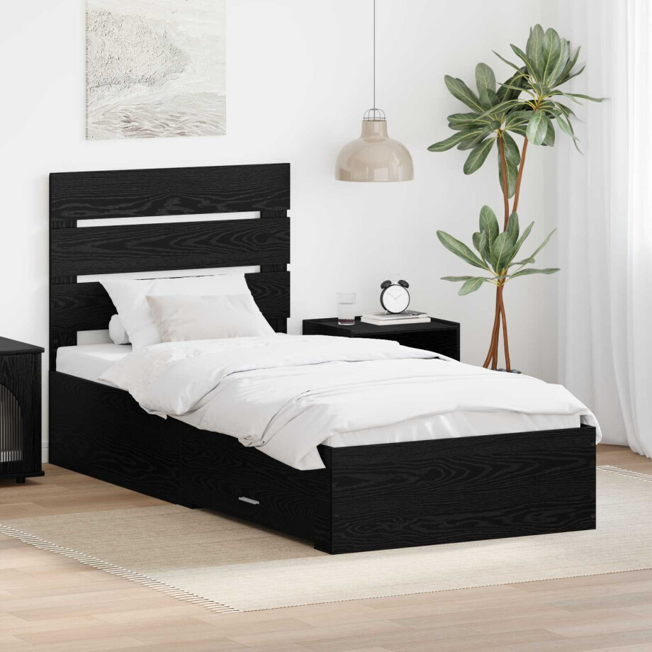 vidaXL Bedframe met lade Zwart Eiken 100 x 200 cm Bewerkt hout vidaXL Bedframe met lade Zwart Eiken 100 x 200 cm Bewerkt hout afbeelding 1