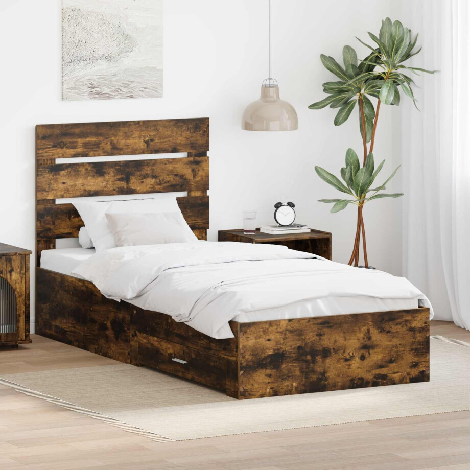 vidaXL Bedframe met lade Gerookt eiken 100 x 200 cm Bewerkt hout vidaXL Bedframe met lade Gerookt eiken 100 x 200 cm Bewerkt hout afbeelding 1