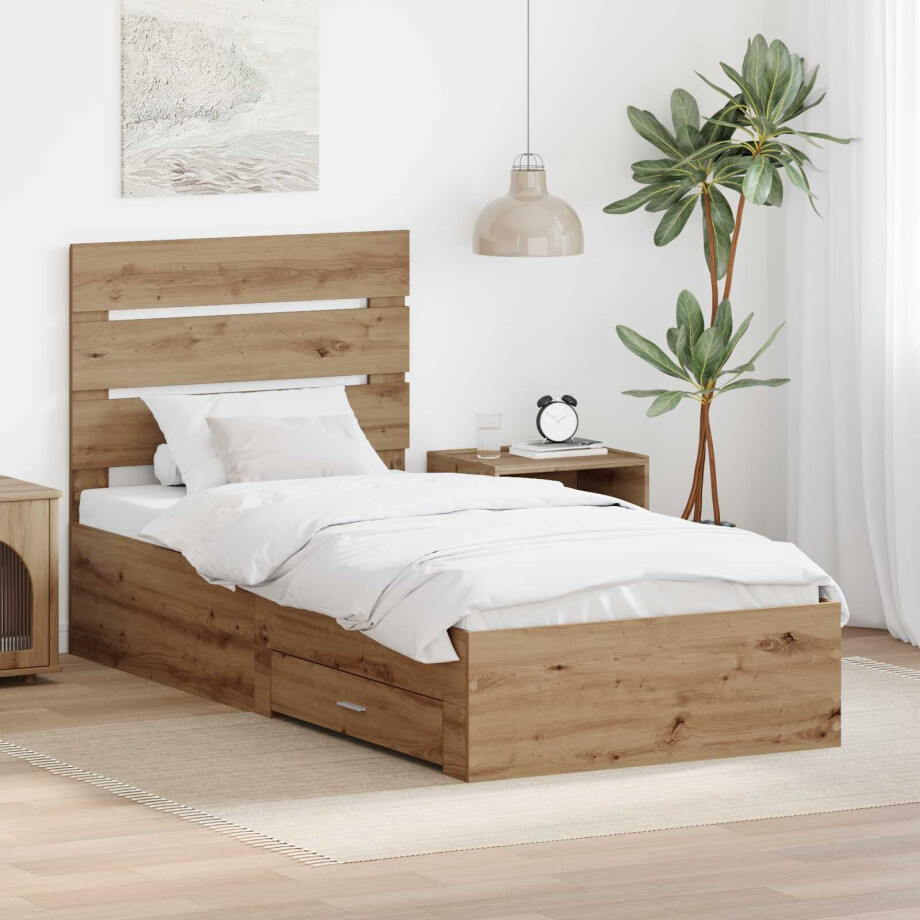 vidaXL Bedframe met lade Artisan Eiken 90 x 190 cm Bewerkt hout vidaXL Bedframe met lade Artisan Eiken 90 x 190 cm Bewerkt hout afbeelding 1