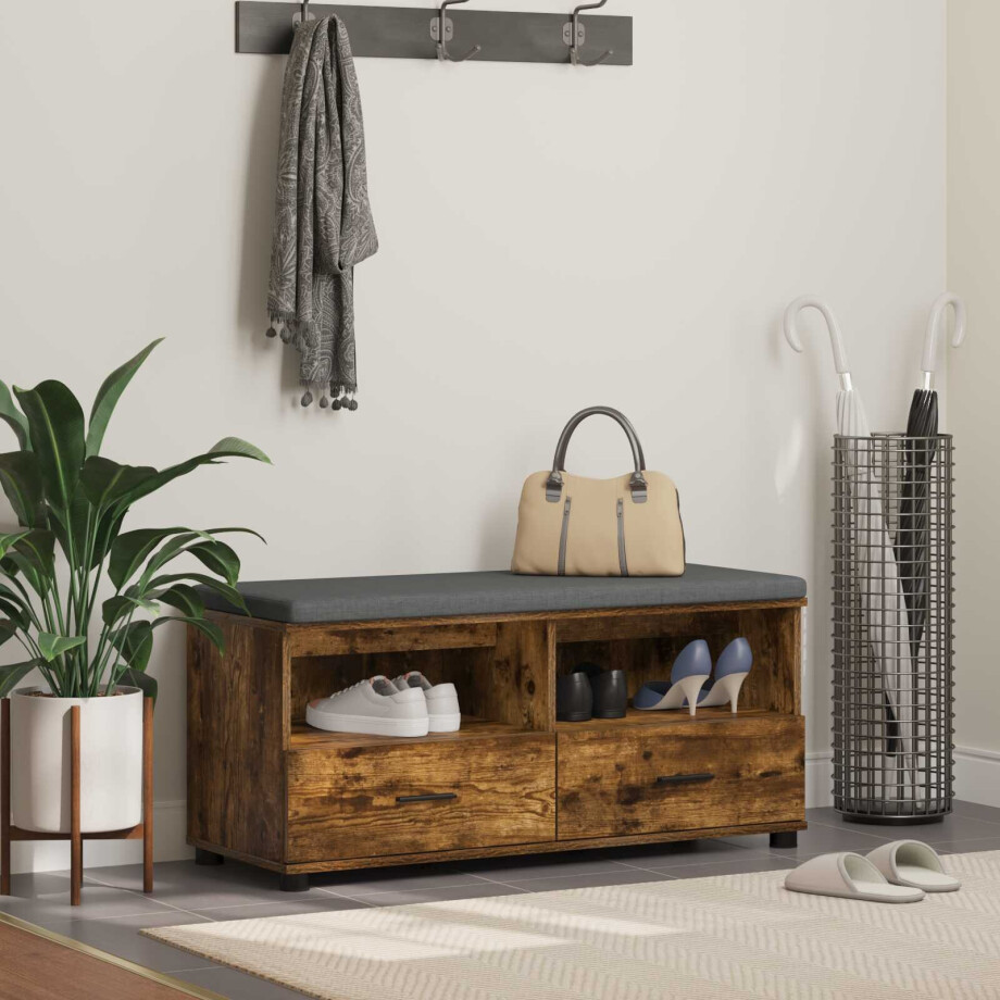 vidaXL Halbank met kussen met lade Gerookte Eik 100 x 38 x 46 cm vidaXL Halbank met kussen met lade Gerookte Eik 100 x 38 x 46 cm afbeelding 1