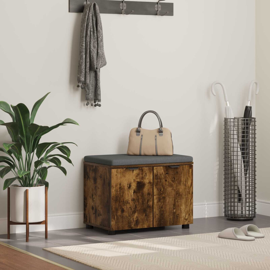 vidaXL Halbank met kussen met plank Gerookte Eik 60 x 38 x 46 cm vidaXL Halbank met kussen met plank Gerookte Eik 60 x 38 x 46 cm afbeelding 1
