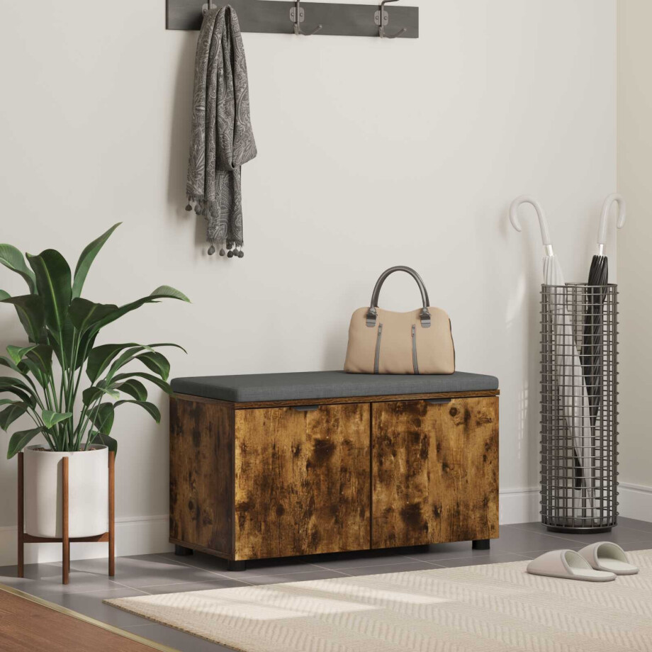 vidaXL Halbank met kussen met plank Gerookte Eik 80 x 38 x 46 cm vidaXL Halbank met kussen met plank Gerookte Eik 80 x 38 x 46 cm afbeelding 1