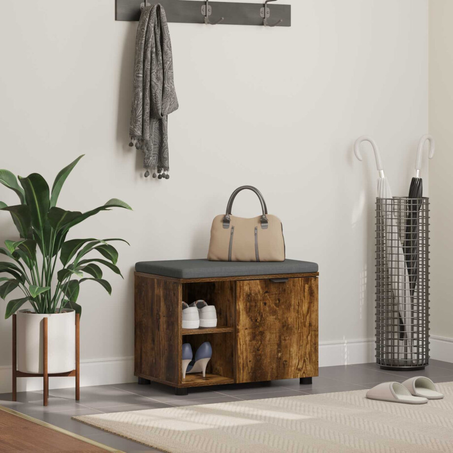 vidaXL Halbank met kussen met plank Gerookte Eik 60 x 38 x 46 cm vidaXL Halbank met kussen met plank Gerookte Eik 60 x 38 x 46 cm afbeelding 1