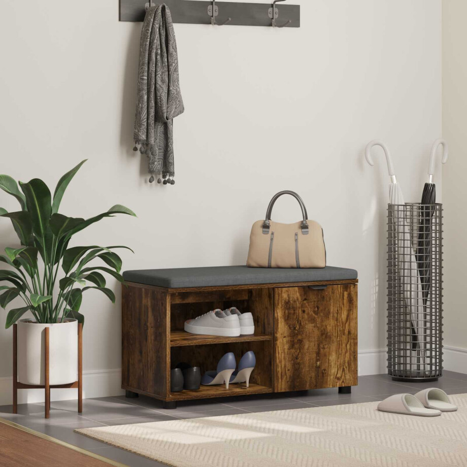 vidaXL Halbank met kussen met plank Gerookte Eik 80 x 38 x 46 cm vidaXL Halbank met kussen met plank Gerookte Eik 80 x 38 x 46 cm afbeelding 1