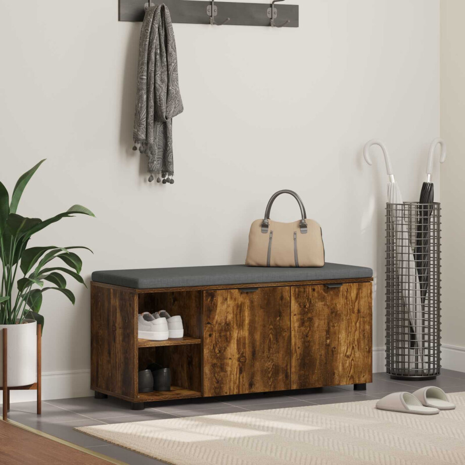 vidaXL Halbank met kussen met plank Gerookte Eik 100 x 38 x 46 cm vidaXL Halbank met kussen met plank Gerookte Eik 100 x 38 x 46 cm afbeelding 1
