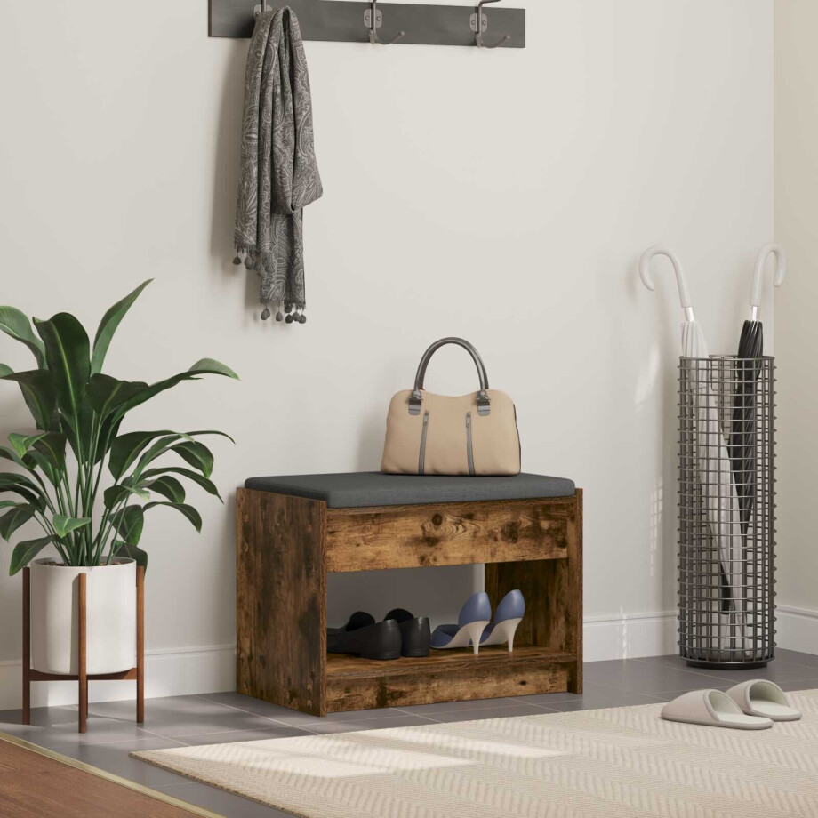 vidaXL Halbank met kussen met plank Gerookte Eik 63 x 38 x 45 cm vidaXL Halbank met kussen met plank Gerookte Eik 63 x 38 x 45 cm afbeelding 1