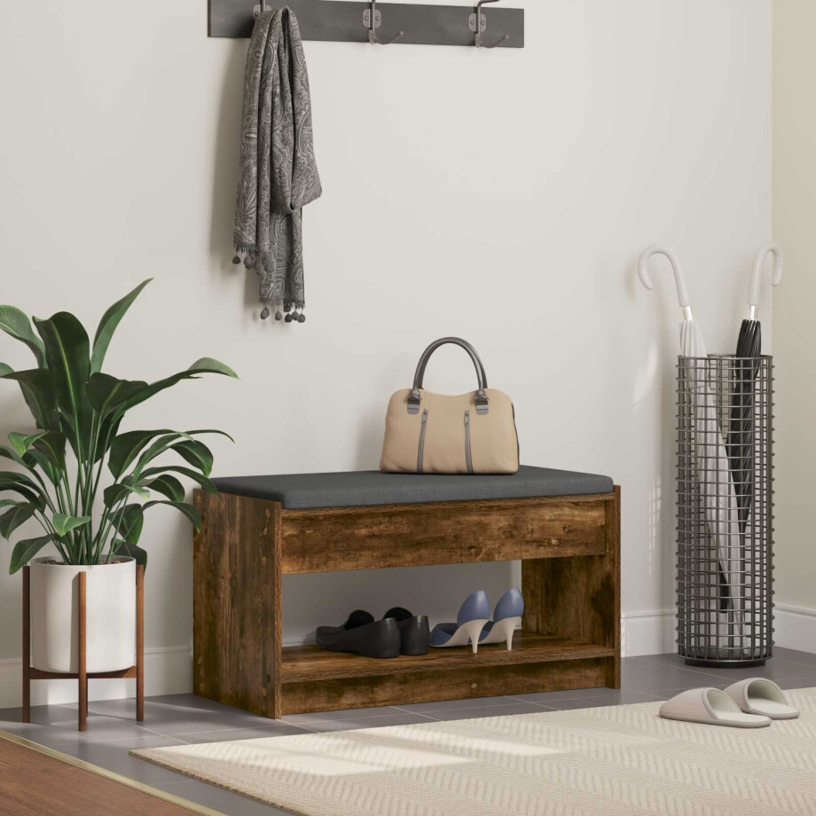 vidaXL Halbank met kussen met plank Gerookte Eik 83 x 38 x 45 cm vidaXL Halbank met kussen met plank Gerookte Eik 83 x 38 x 45 cm afbeelding 1