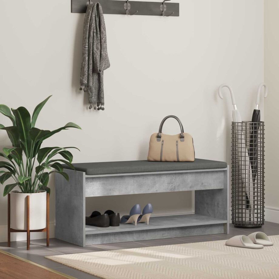 vidaXL Halbank met kussen met plank Beton Grijs 103 x 38 x 45 cm afbeelding 1