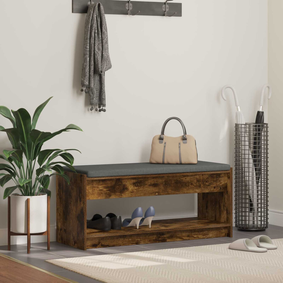 vidaXL Halbank met kussen met plank Gerookte Eik 103 x 38 x 45 cm vidaXL Halbank met kussen met plank Gerookte Eik 103 x 38 x 45 cm afbeelding 1