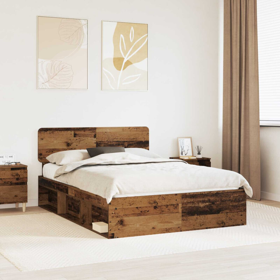 vidaXL Bedframe met hoofdeinde Oudhout 150 x 200 cm Massief grenenhout afbeelding 1