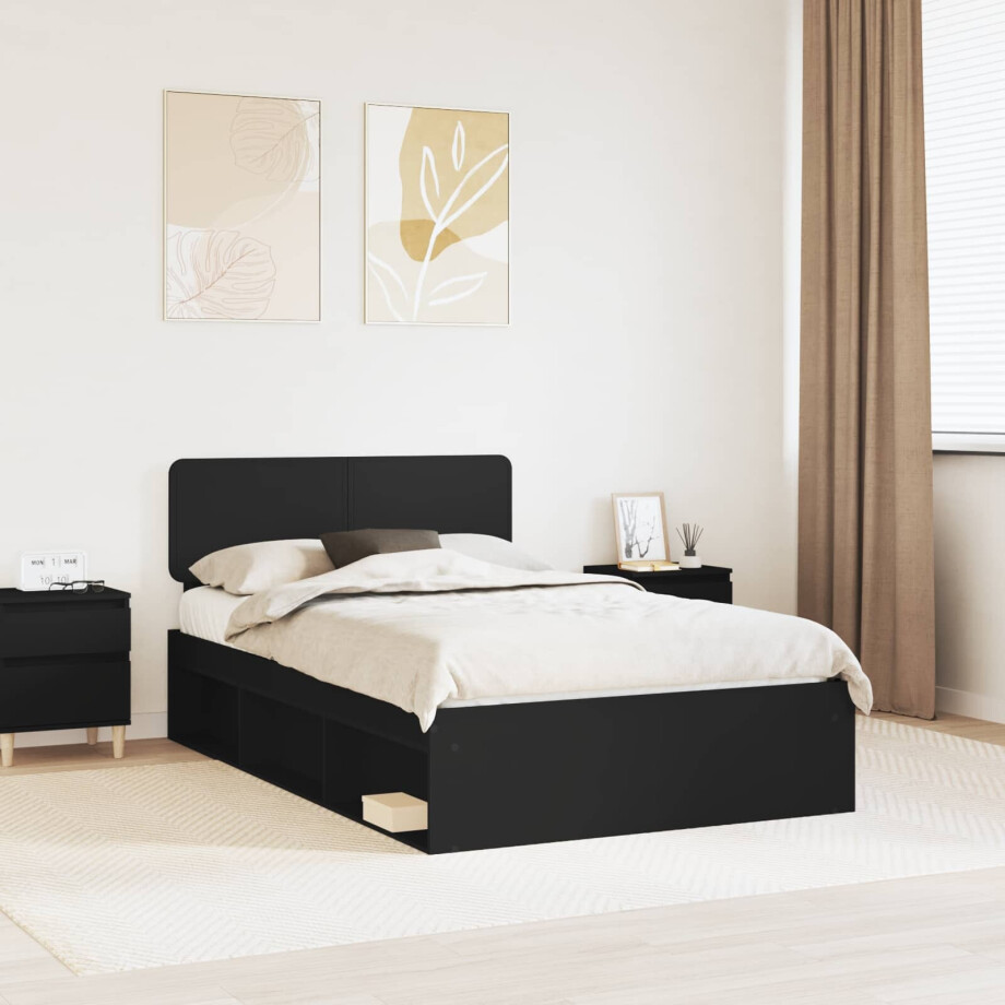 vidaXL Bedframe met hoofdeinde Zwart 135 x 190 cm Massief grenenhout afbeelding 1