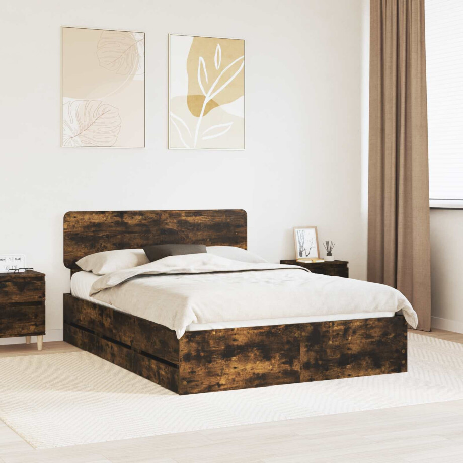 vidaXL Bedframe met lade Gerookte Eik 140 x 200 cm Geconstrueerd hout afbeelding 1