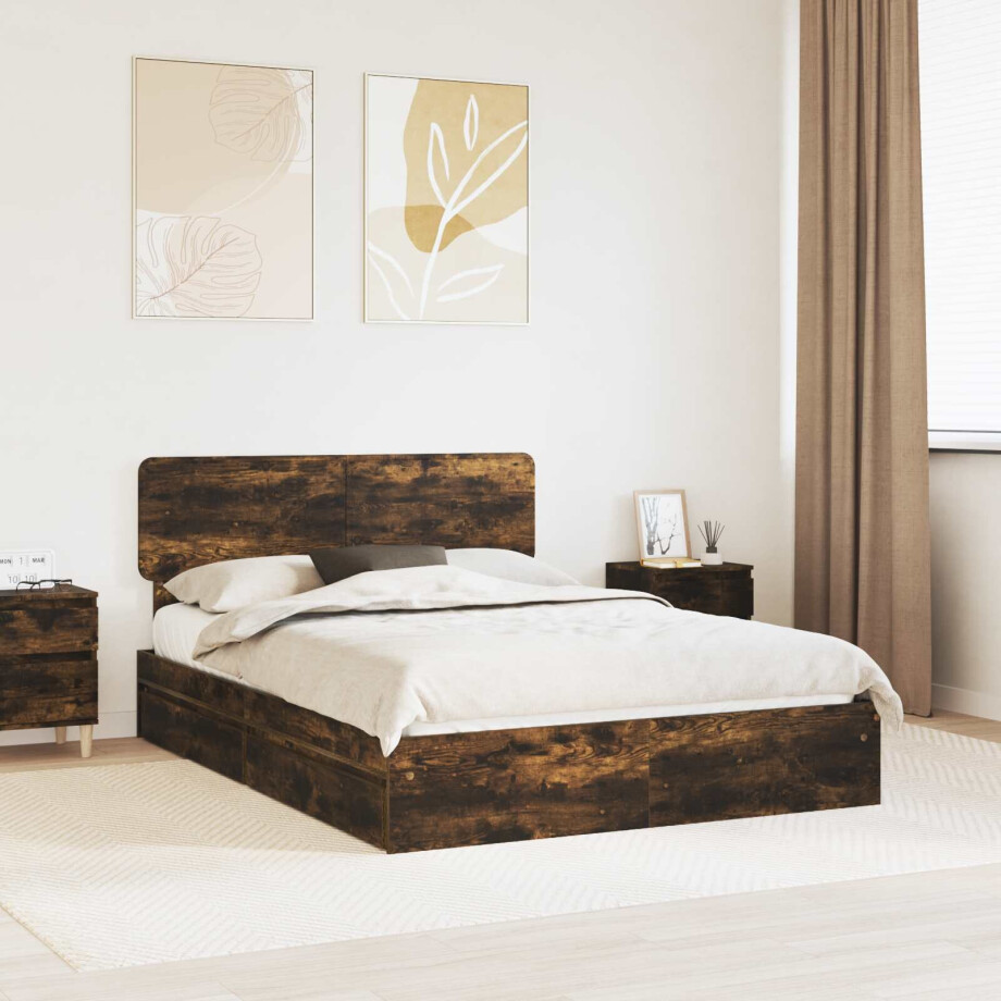 vidaXL Opslag bed met lade Gerookt eiken 160 x 200 cm Bewerkt hout vidaXL Opslag bed met lade Gerookt eiken 160 x 200 cm Bewerkt hout afbeelding 1