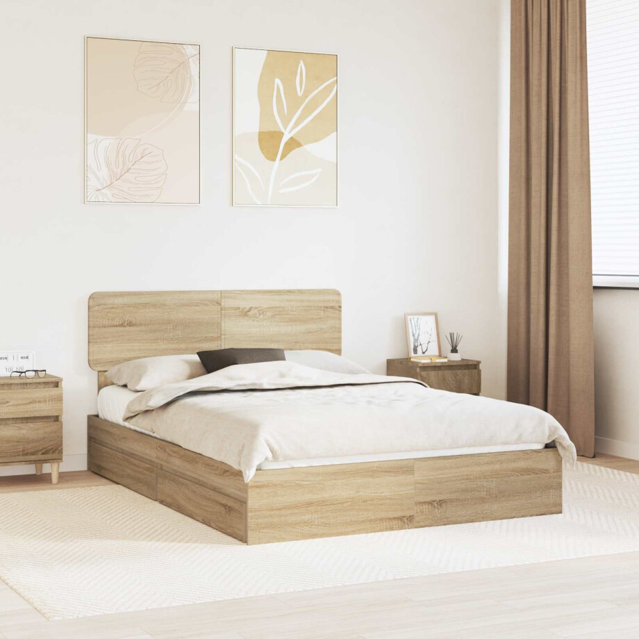 vidaXL Opslag bed met lade Sonoma Eiken 140 x 200 cm Bewerkt hout afbeelding 1
